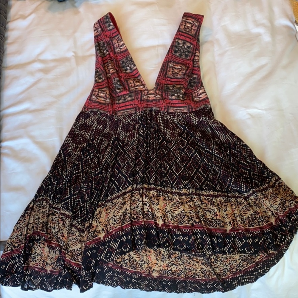 Free People Dress-Black,Dark Red,&Tan Tribal Print